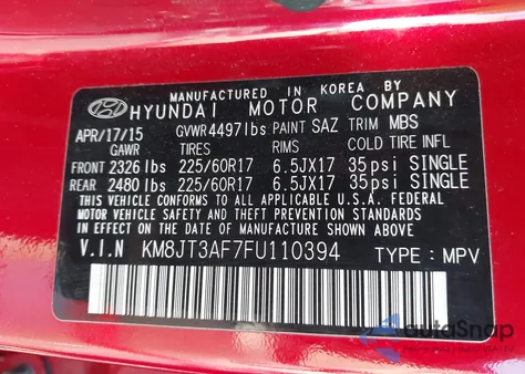 2015 Hyundai Tucson Gls из США, поврежденный, VIN KM8JT3AF7FU110394